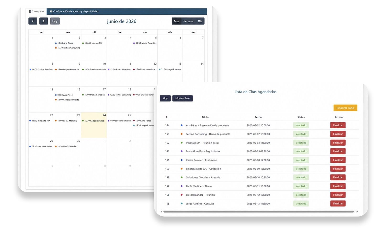 Citas en línea schedule view — dashboard screenshot